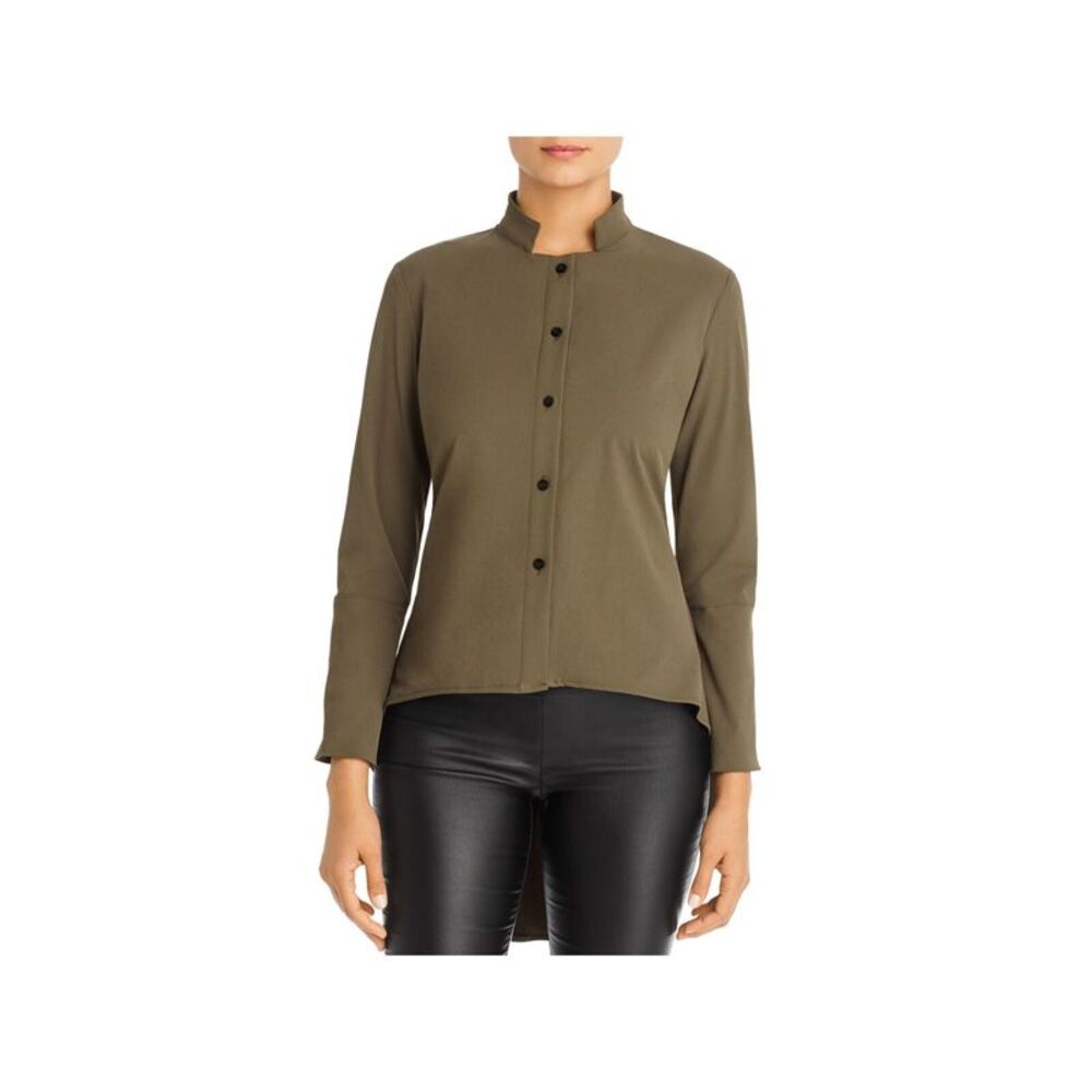 SNIDER Womens Green Moisture Wicking Uv Hi-low Hem Stand Collar Button Up Top L